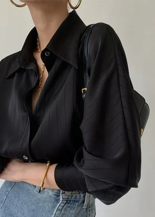 Art Black Peter Pan Collar Striped Silk Blouse Top Spring