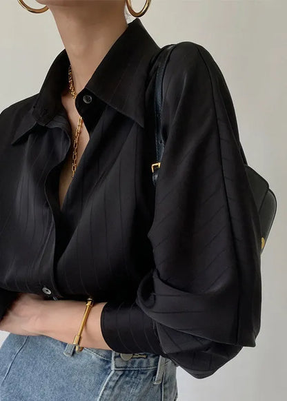 Art Black Peter Pan Collar Striped Silk Blouse Top Spring