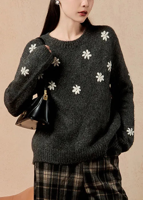 Grey O Neck Cozy Thick Cotton Knit Sweater Winter