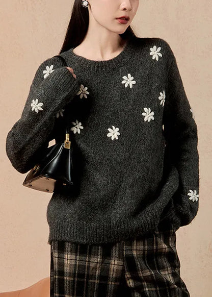 Grey O Neck Cozy Thick Cotton Knit Sweater Winter
