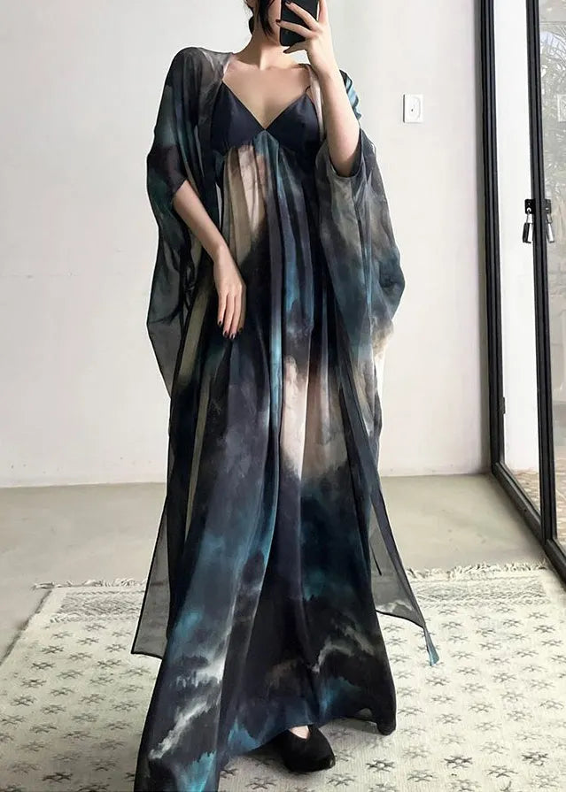 Blue Cardigans and Spaghetti Strap Dresses Chiffon Two Piece Suit Fall