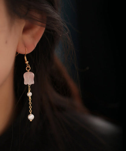 Pink Copper Overgild Crystal Pearl Lily of the Valley Tassel Drop Earrings