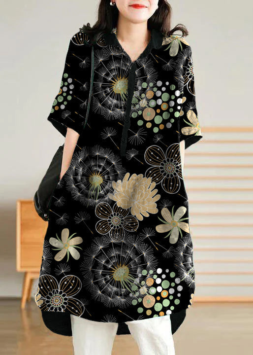 Jade Black Flower Linen Linen Shirt Dress