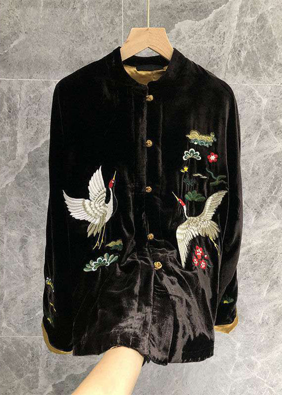 Black Mandarin Collar Embroideried Velour Coats Long Sleeve