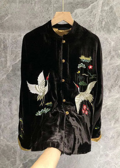 Black Mandarin Collar Embroideried Velour Coats Long Sleeve