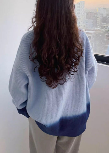 Blue O-neck Cozy Cotton Knit Sweaters Batwing Sleeve