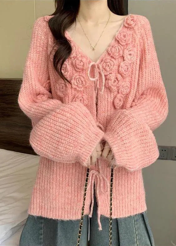 Pink Stereoscopic Thick Knit Cardigan Fall