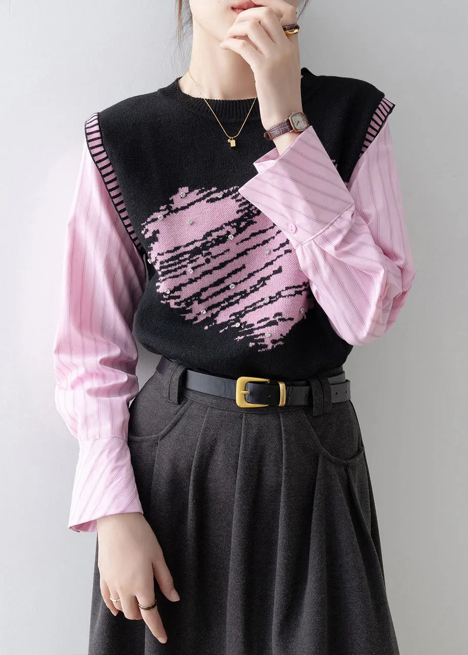 New Fake Two Pieces Set Knit Patchwork Pink Shirts Spring