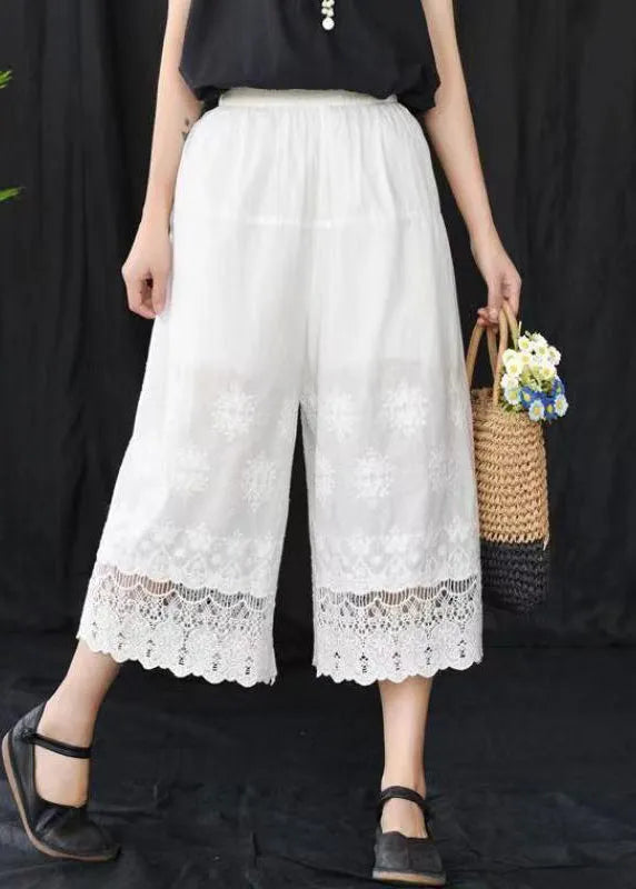 Grey Embroidered Elastic Waist Cotton Crop Pants Summer