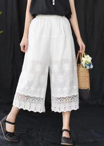 Grey Embroidered Elastic Waist Cotton Crop Pants Summer