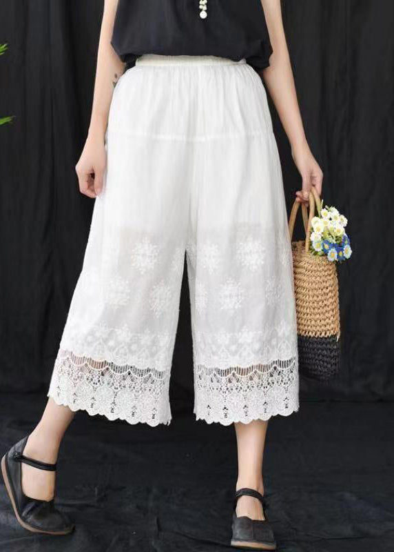 Grey Embroidered Elastic Waist Cotton Crop Pants Summer