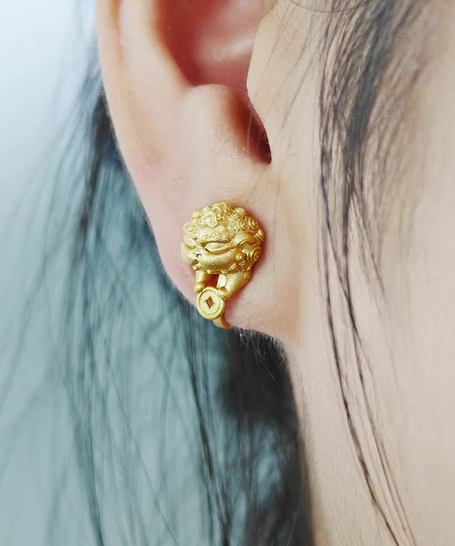 New Gold Auspicious Pixiu Silver Single Ear Clip Stud Earrings
