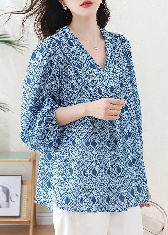 Blue V Neck Geometric Print Chiffon Blouse Top Lantern Sleeve