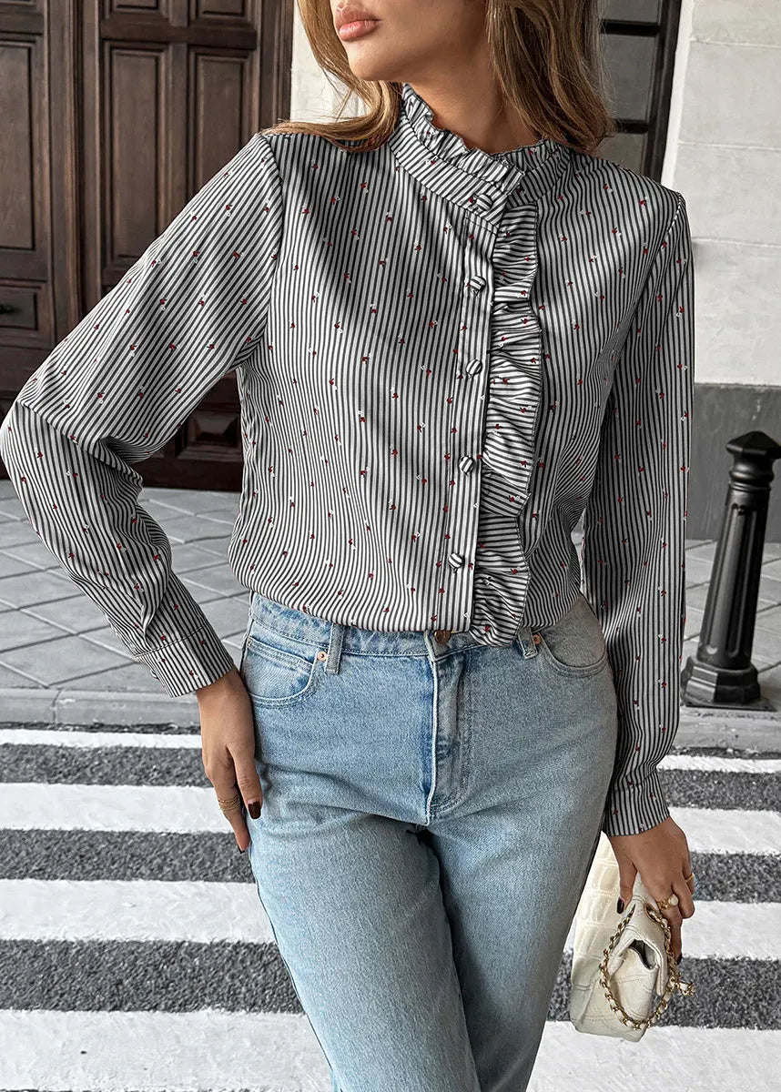 Red Ruffled Striped Patchwork Cotton Shirt Top Fall