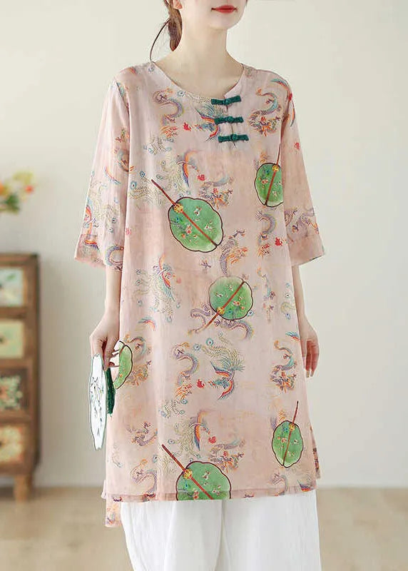 Pink O Neck Print Chinese Button Cotton Mid Dress Summer