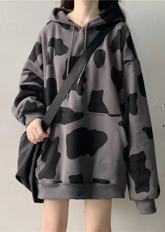 Loose White Zebra Pattern Hooded Cotton Pullover Sweatshirt Fall