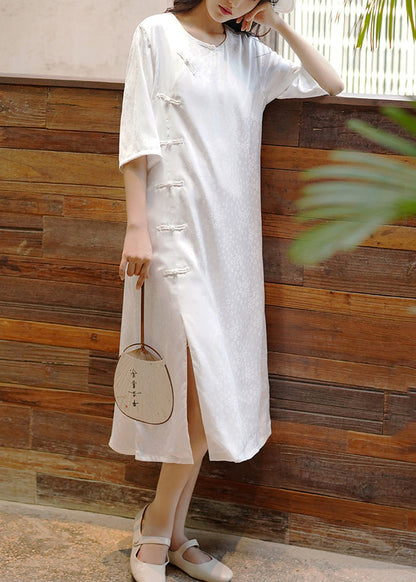Light Green O Neck Oriental Button Silk Dress Summer