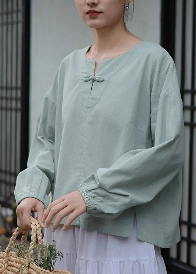 Original Design Green O Neck Patchwork Cotton Top Spring