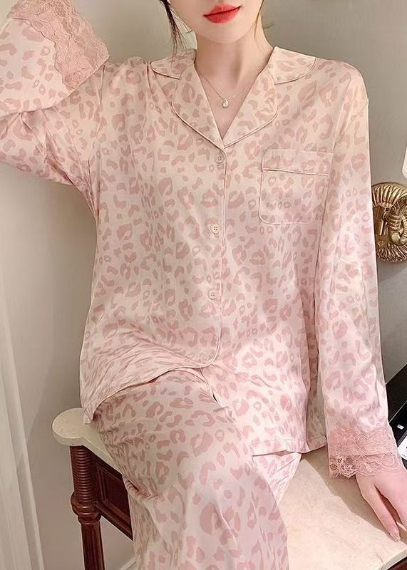 Pink Leopard Lace Patchwork Ice Silk Pajamas Two Pieces Set Spring