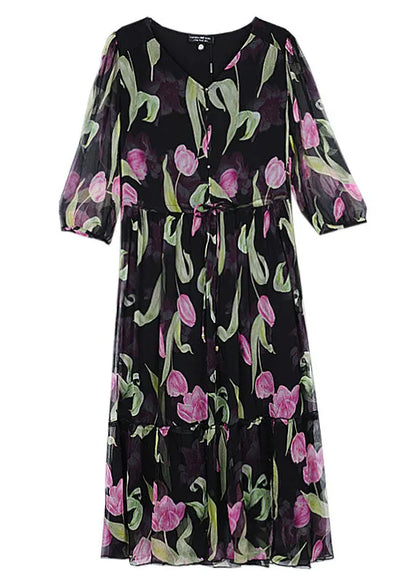 Black V Neck Print Drawstring Chiffon Dress Summer