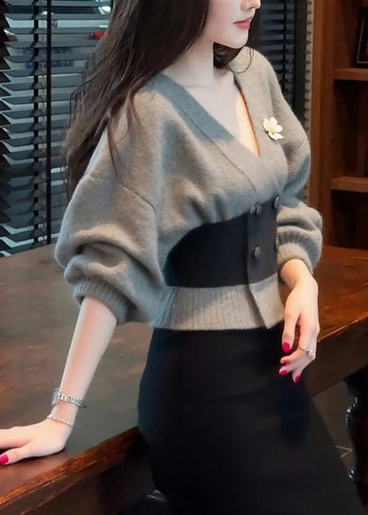 French Grey V Neck Button Patchwork Knit Coats Winter