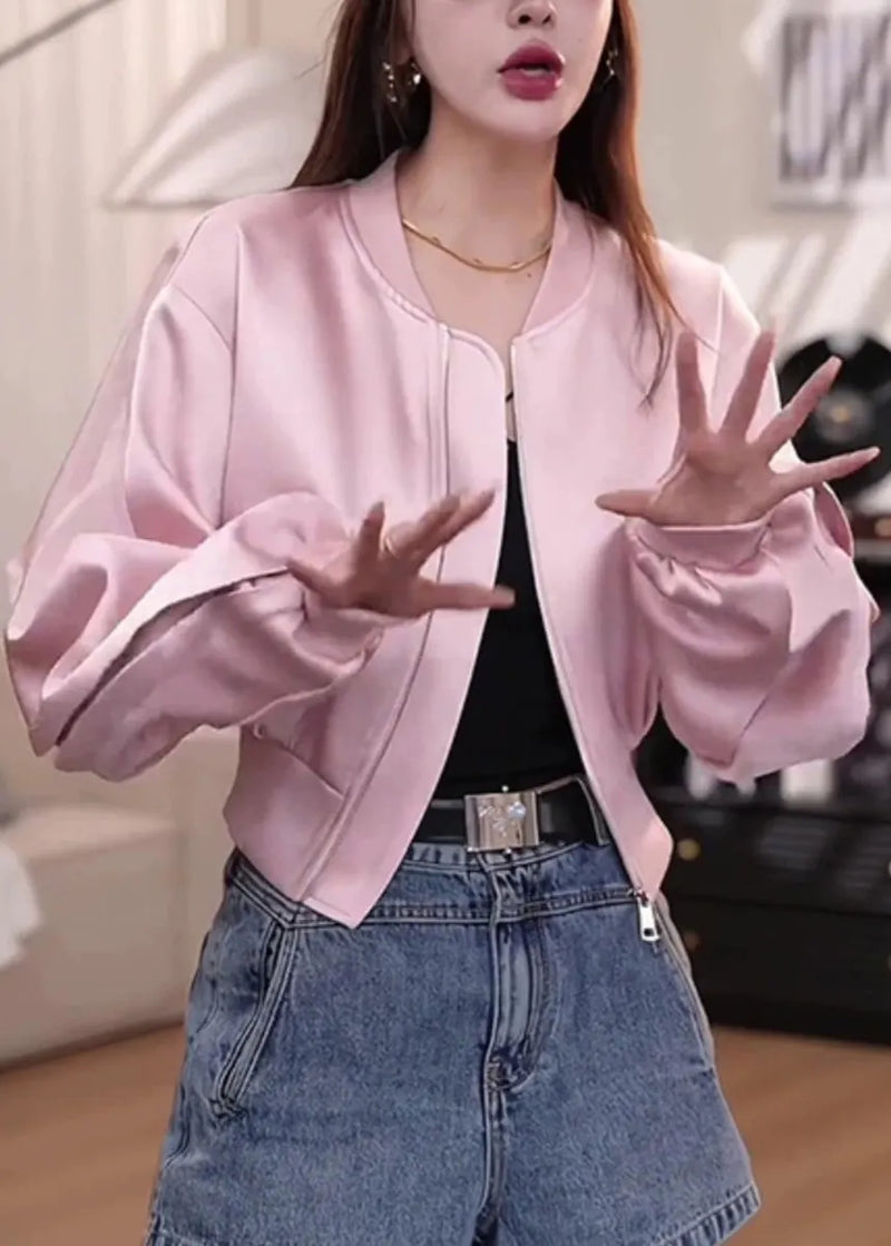 New Pink Zippered Short Baseball Jacket Autumn