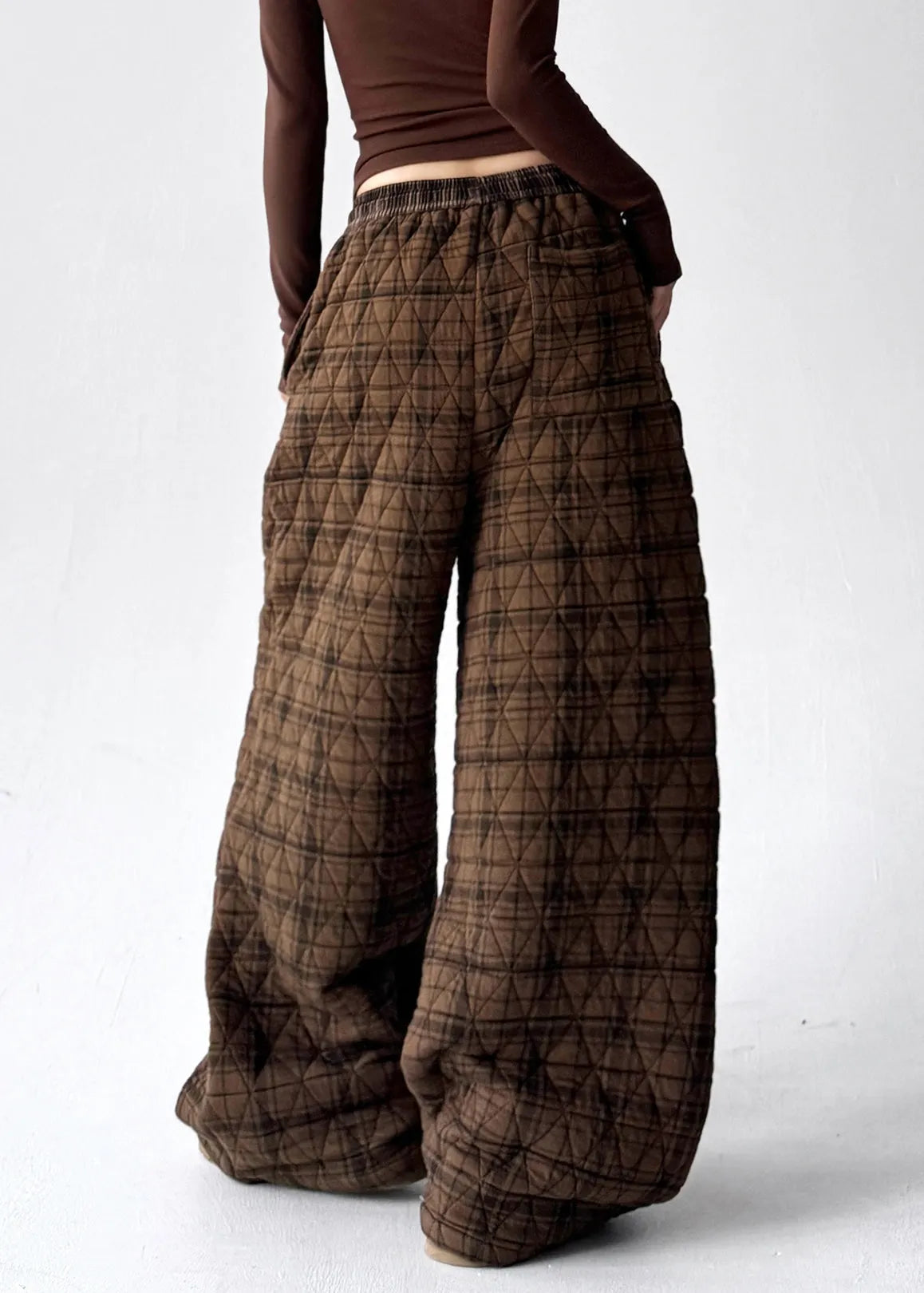 Coffee Plaid Pockets Elastic Waist Cotton Filled Pants Winter