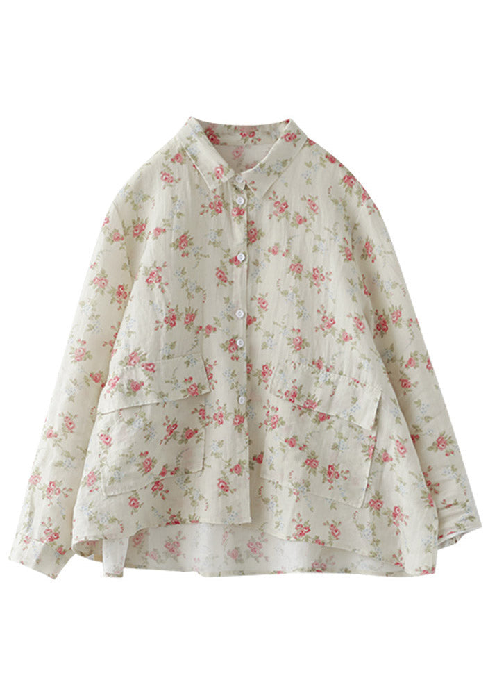 Apricot Peter Pan Collar Print Patchwork Button Linen Shirt Long Sleeve