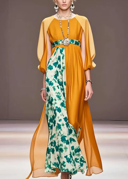 Original Design Orange Cinched Patchwork Silk Dresses Cloak Sleeves