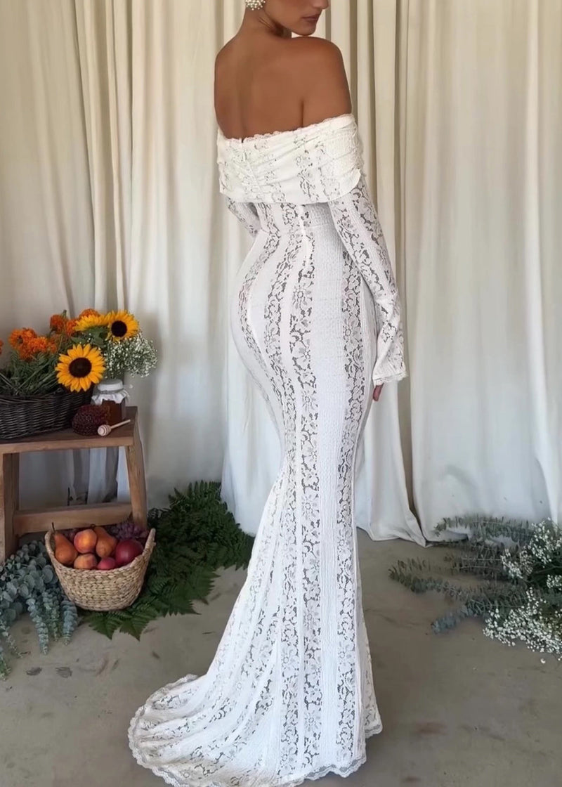White Slash Neck Off Shoulder Long Dress Flared Sleeves