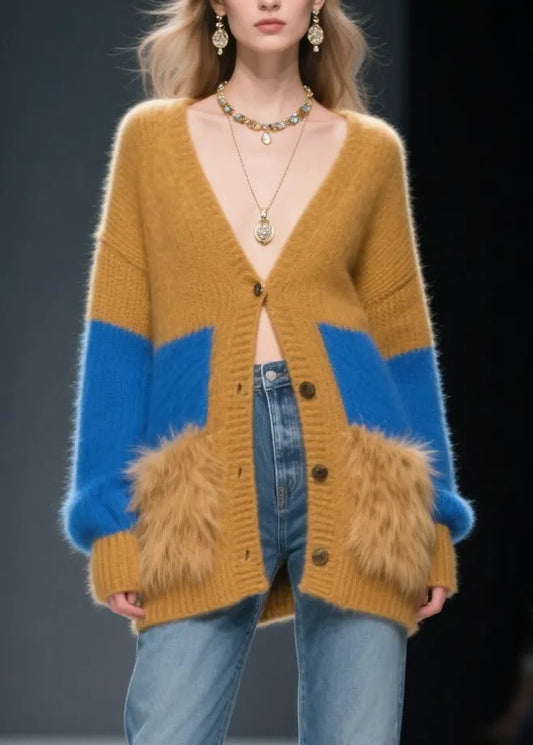 Coffee Patchwork Faux Fur Knit Cardigans Oversized Winter
