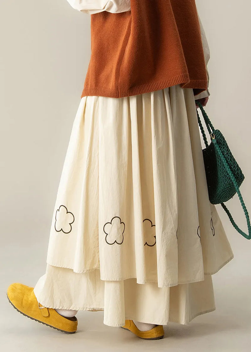 Art Beige Embroidered Exra Large Hem Cotton Skirt Spring