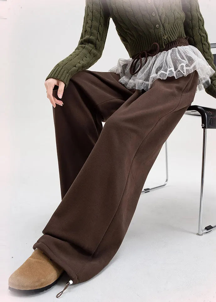 Brown Oversized Patchwork Lace Warm Fleece Pants Spring