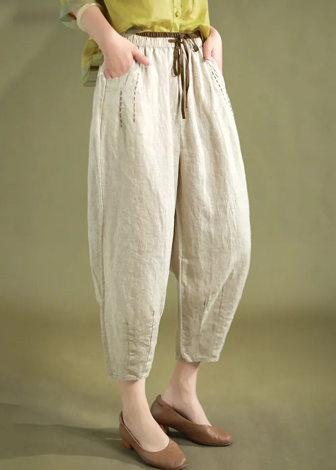 Linen Lace Up Linen Harem Pants Elastic Waist Summer