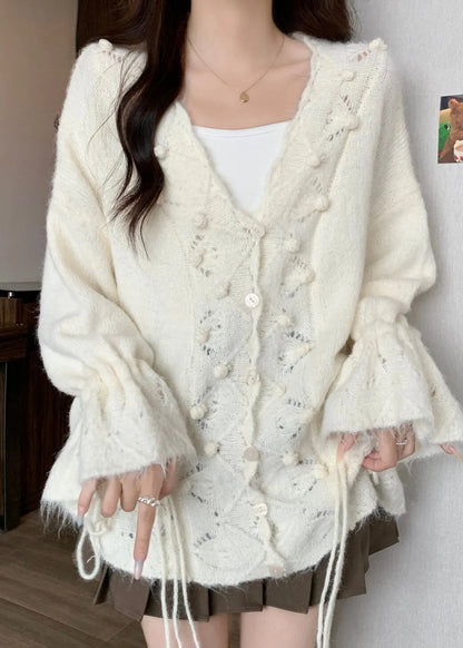 White Fuzzy Ball Decorated Drawstring Knit Cardigans Fall