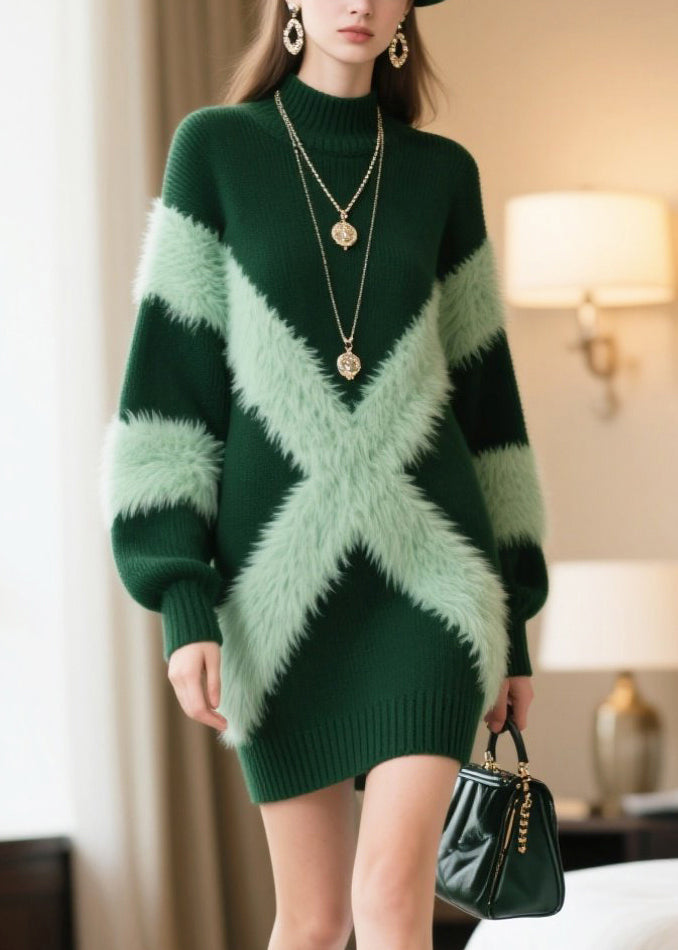 Green Patchwork Faux Fur Knitwear Dress Winter