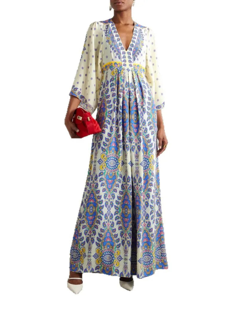 Blue V Neck Print Cotton Maxi Dresses Summer