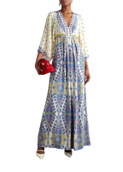 Blue V Neck Print Cotton Maxi Dresses Summer
