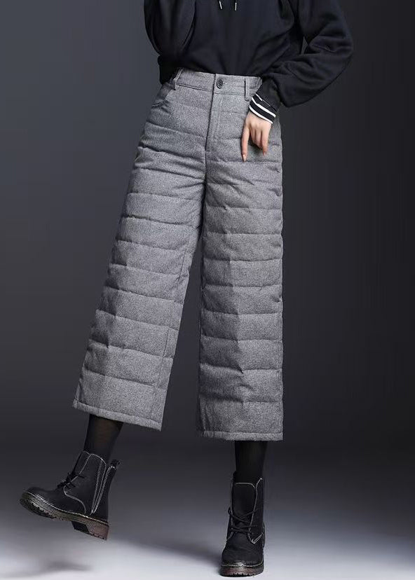 Grey Pockets High Waist Duck Down Crop Pants Winter
