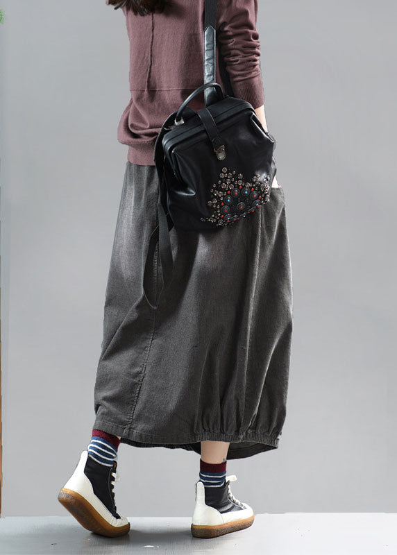 Grey Black Wrinkled Patchwork Corduroy Skirts Spring