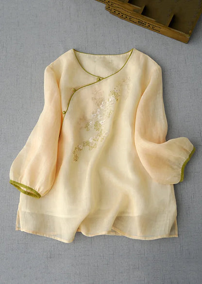 Apricot Embroidered Patchwork Button Shirt Summer