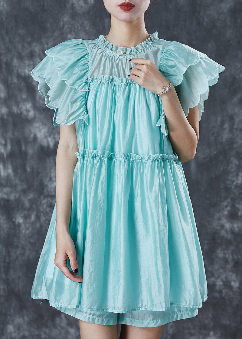 Green Ruffled Silk Beach Dress Butterfly Sleeve