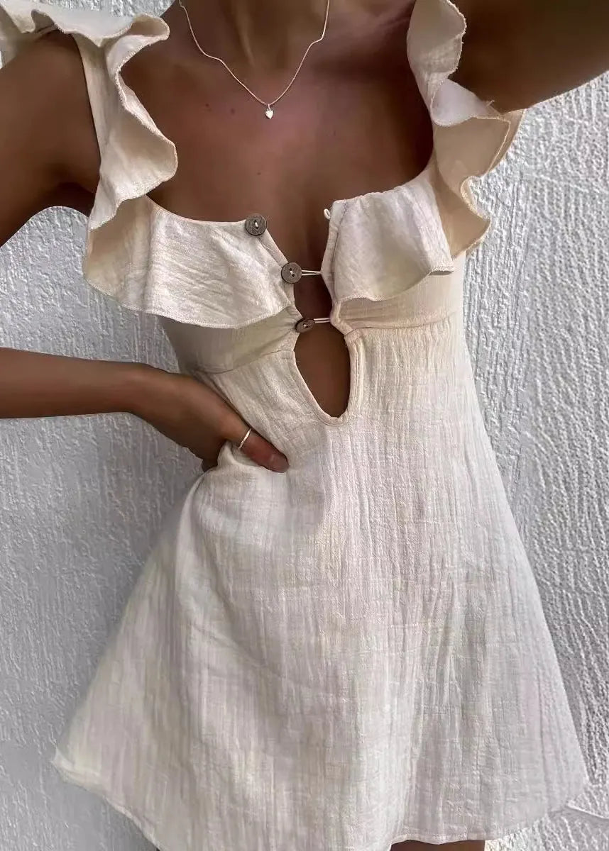 New Apricot Ruffle Hollow Out Mid Dress Summer