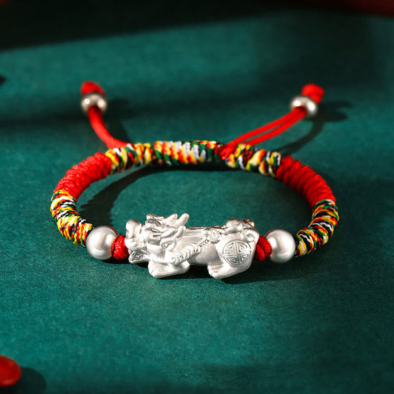 Buddha Stones 999 Sterling Silver Pixiu Wealth King Kong Knot String Braided Kids Child Bracelet