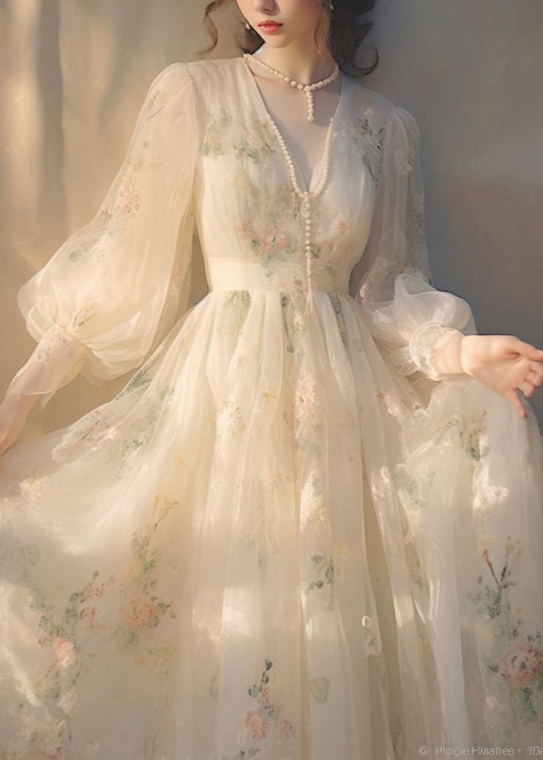 Beige V Neck High Waist Tulle Maxi Dresses Long Sleeve
