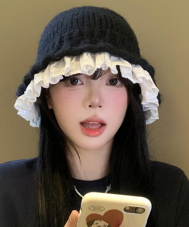 Black Lace Patchwork Knit Bucket Hat