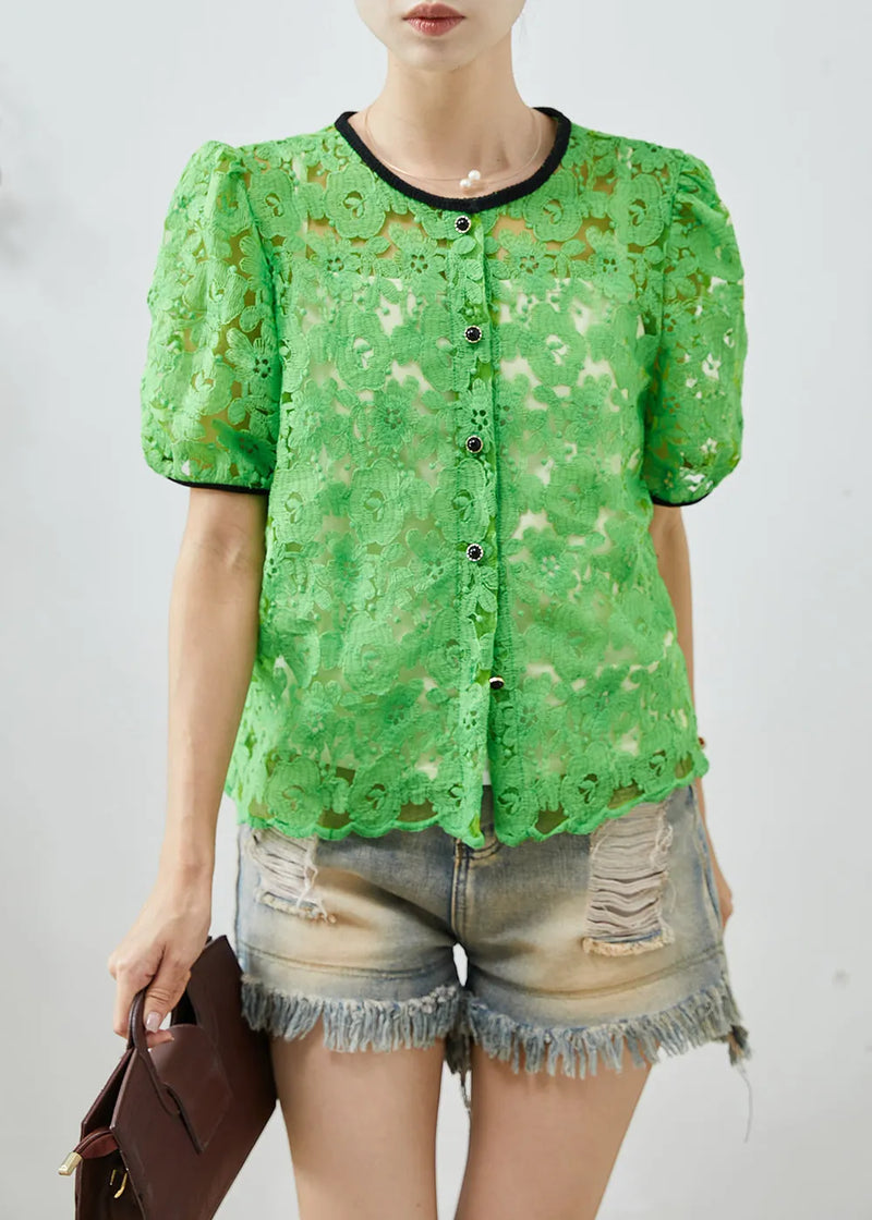 Fine Grass Green Embroidered Hollow Out Lace Shirts Summer