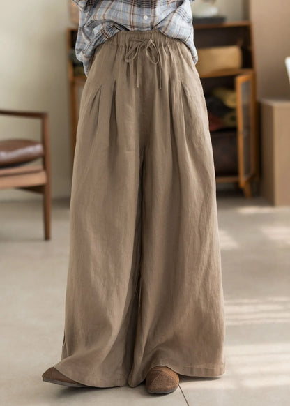 Green Pockets Elastic Waist Linen Pants Summer
