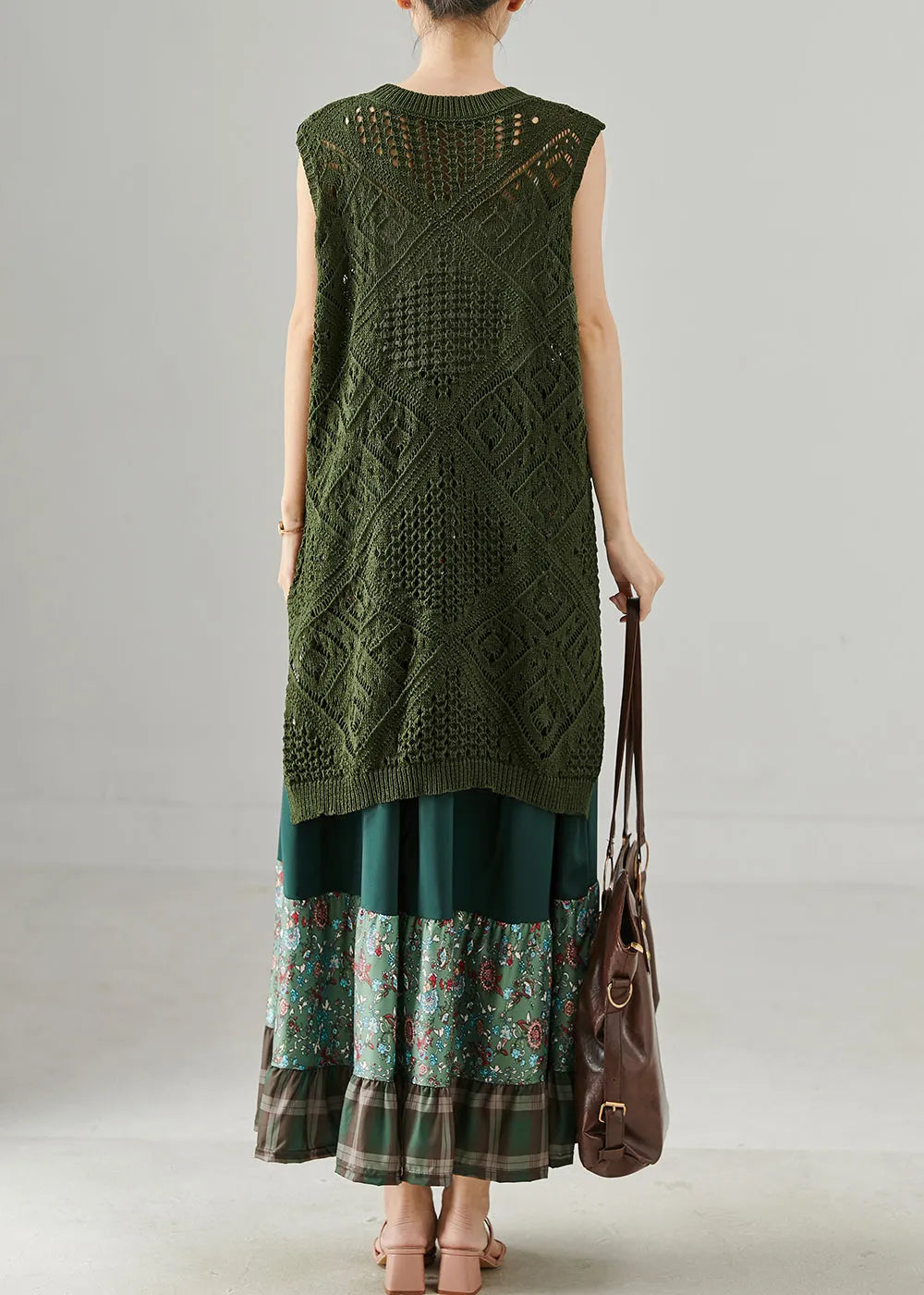 Army Green Hollow Out Side Open Knit Dress Two Piece Set Summer