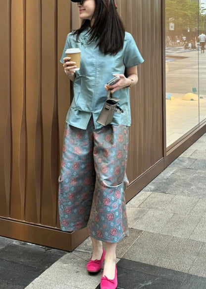New Blue Button Shirt and Crop Pants Two-piece Set Summer
